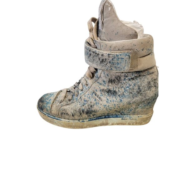 Prada Women's size 7.5 blue paint splash high top sneaker - Picture 6 of 16